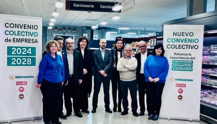 Representantes de UGT, de CCOO, del Sindicato Independiente y de Mercadona en el Centro de Coinnovación Jarrods en Paterna, València