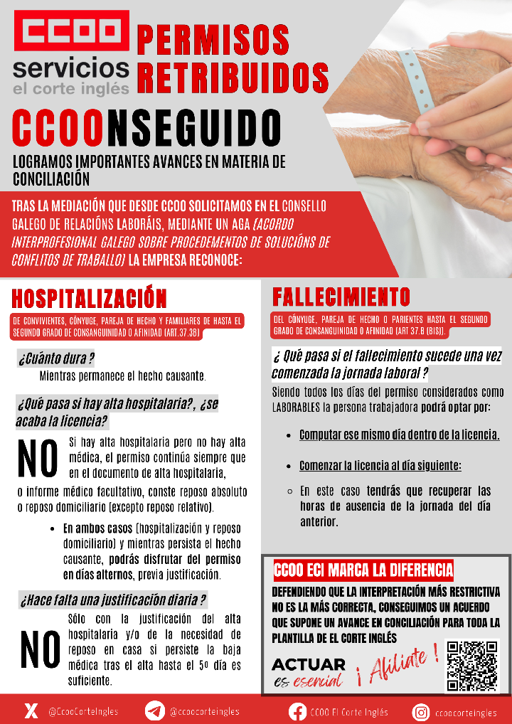 CCOO ECI COMISIONES OBRERAS EL CORTE INGLÉS RESOLUCIÓN MEDIACIÓN AGA PERMISOS RETRIBUIDOS HOSPITALIZACIÓN Y FALLECIMIENTO DE FAMILIARES DE HASTA SEGUNDO GRADO DE CONSANGUINIDAD O AFINIDAD, CONVIVIENTES Y PAREJAS DE HECHO