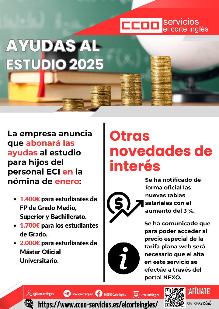 CCOO ECI FUNDACIÓN RAMÓN ARECES BECA AYUDAS AL ESTUDIO PARA HIJOS DE EMPLEADOS 2025 ABONO NÓMINA DE ENERO