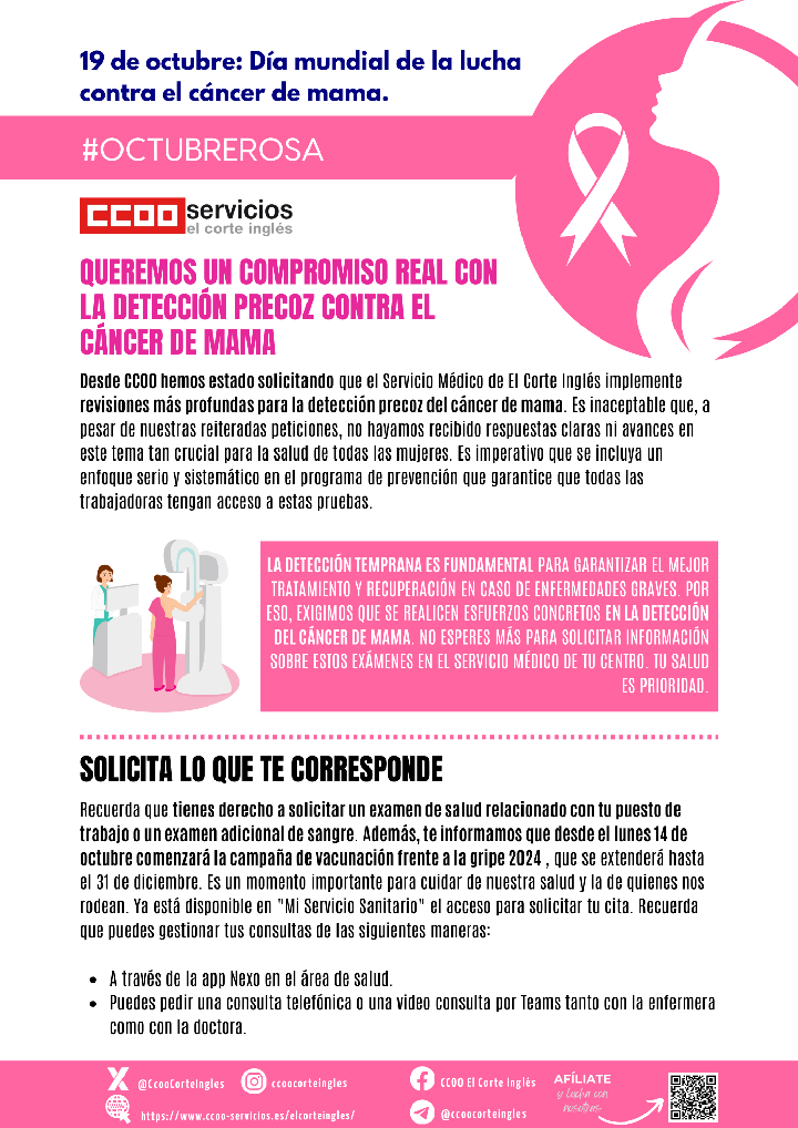 CCOO ECI CCOO ECICS COMISIONES OBRERAS EL CORTE INGLES COMISIONES OBRERAS CADENA DE SUMINISTRO 19 DE OCTUBRE; DÍA INTERNACIONAL DE LA LUCHA CONTRA EL CÁNCER DE MAMA QUEREMOS CAMPAÑAS DE PREVENCIÓN EN LA EMPRESA CONTRA EL CÁNCER DE MAMA