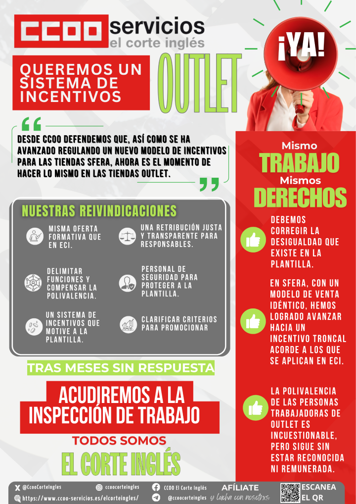 CCOO ECI CCOO COMISIONES OBRERAS EL CORTE INGLÉS TIENDAS OUTLET CONDICIONES LABORALES MESA DE NEGOCIACIÓN MESA DE TRABAJO SISTEMA DE INCENTIVOS EN OUTLET ECI INSPECCIÓN DE TRABAJO