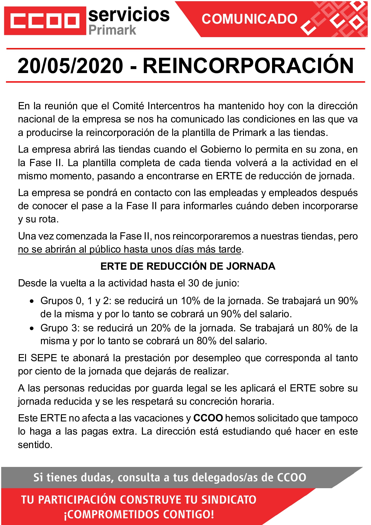 CCOO PRIMARK CORONAVIRUS COVID19 REAPERTURA REUNIÓN INTERCENTROS