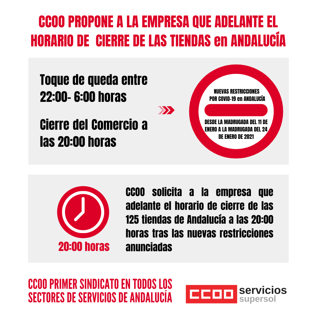 CCOO solicita que se adelante el horario de cierre por la restricción de las medidas sanitarias en Andalucía